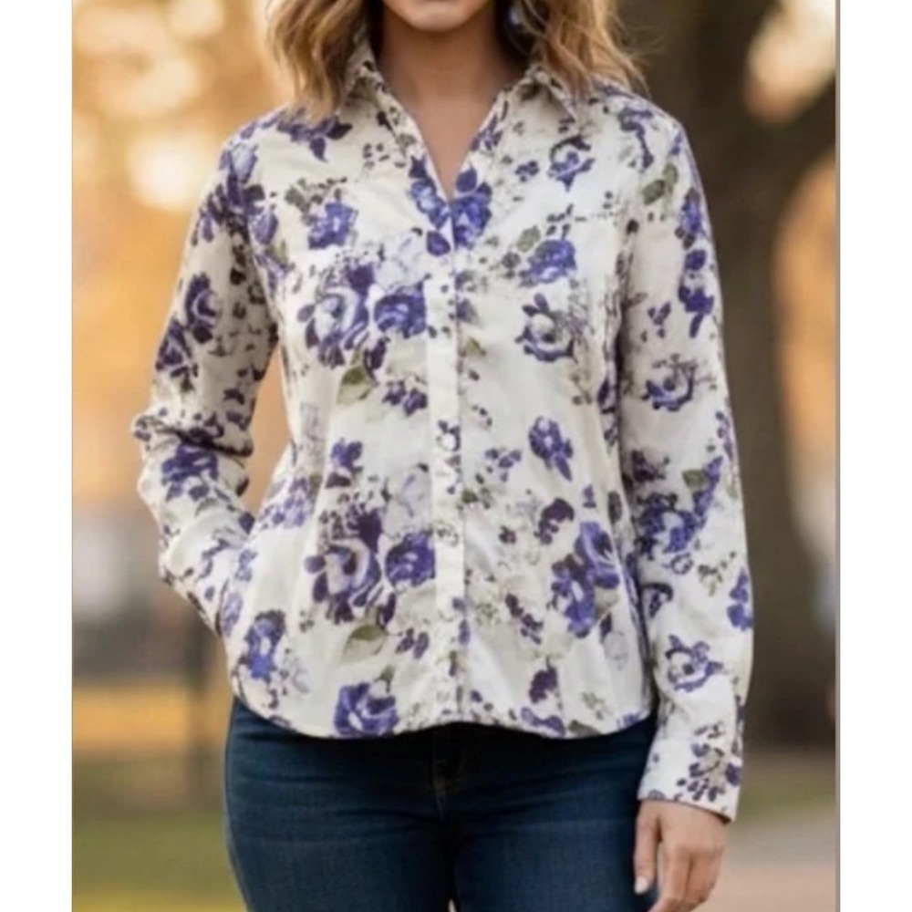 Chico's No Iron Caroline 100% Cotton Cream Floral Button Down Blouse WM 8-10 NWT
